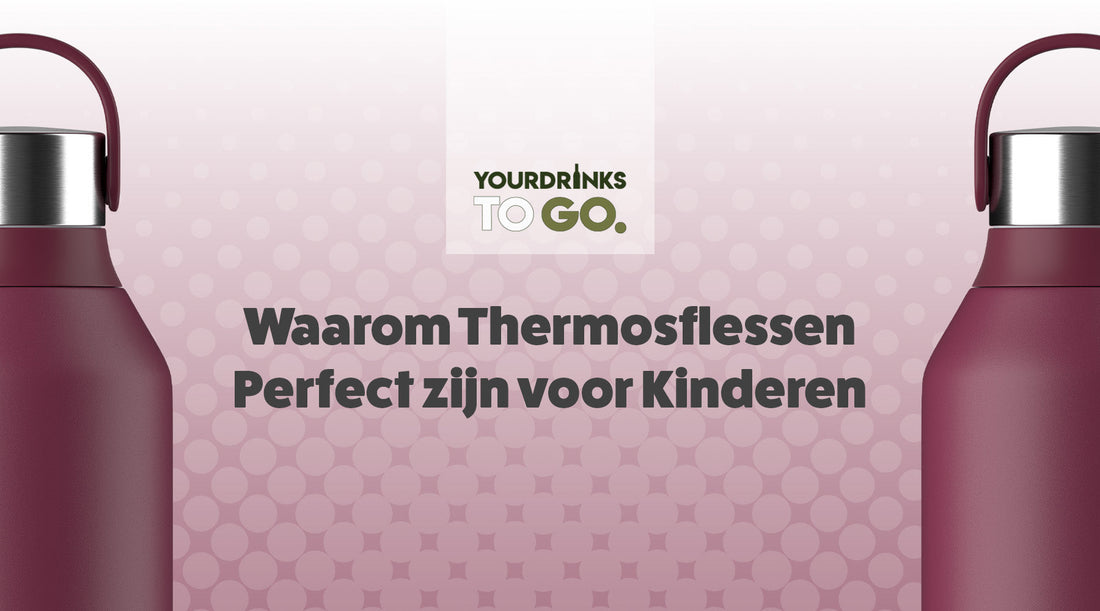 Paarse flessen op een paarse achtergrond met de tekst "Waarom Thermosflessen Perfect zijn voor Kinderen"