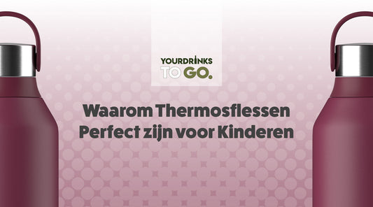 Paarse flessen op een paarse achtergrond met de tekst "Waarom Thermosflessen Perfect zijn voor Kinderen"