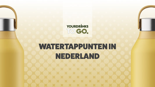 twee gele flessen op een witte bubbel achtergrond met watertappunten in Nederland