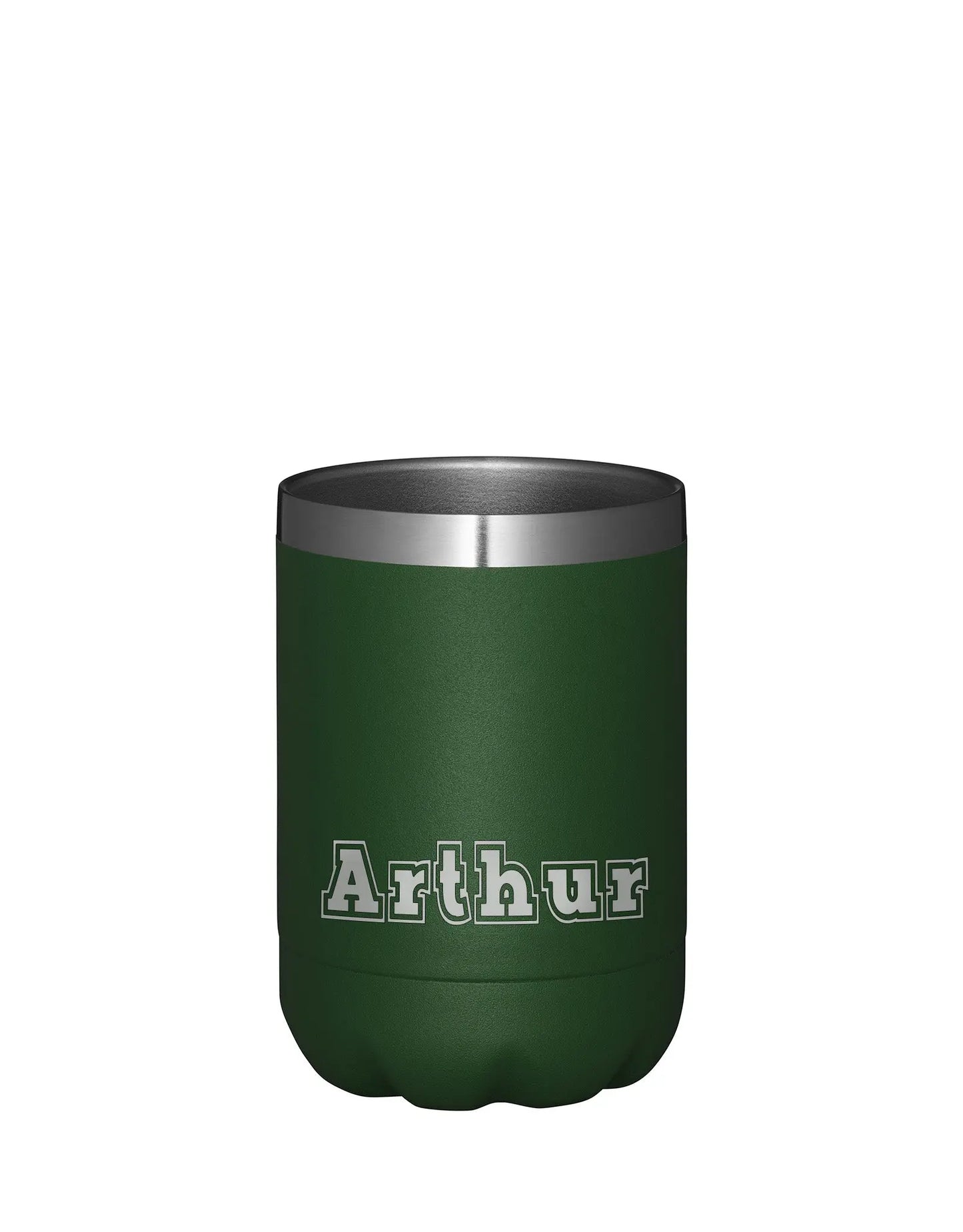 Groene thermoscup gepersonaliseerd met de tekst Arthur staand op een witte achtergrond