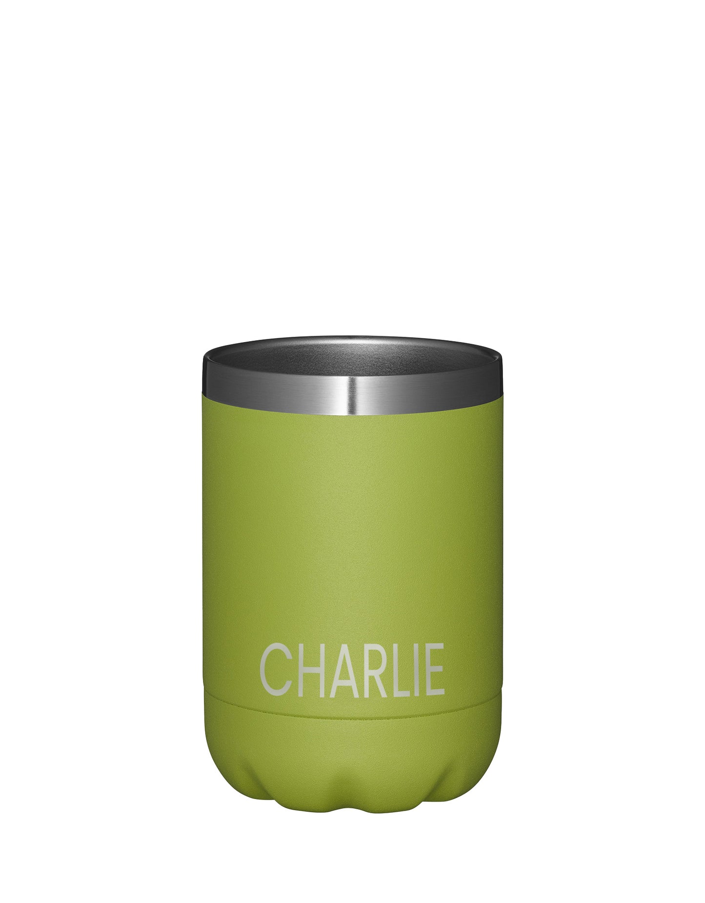 Limoen groene thermosbeker met Charlie er op gegraveerd op een witte achtergrond