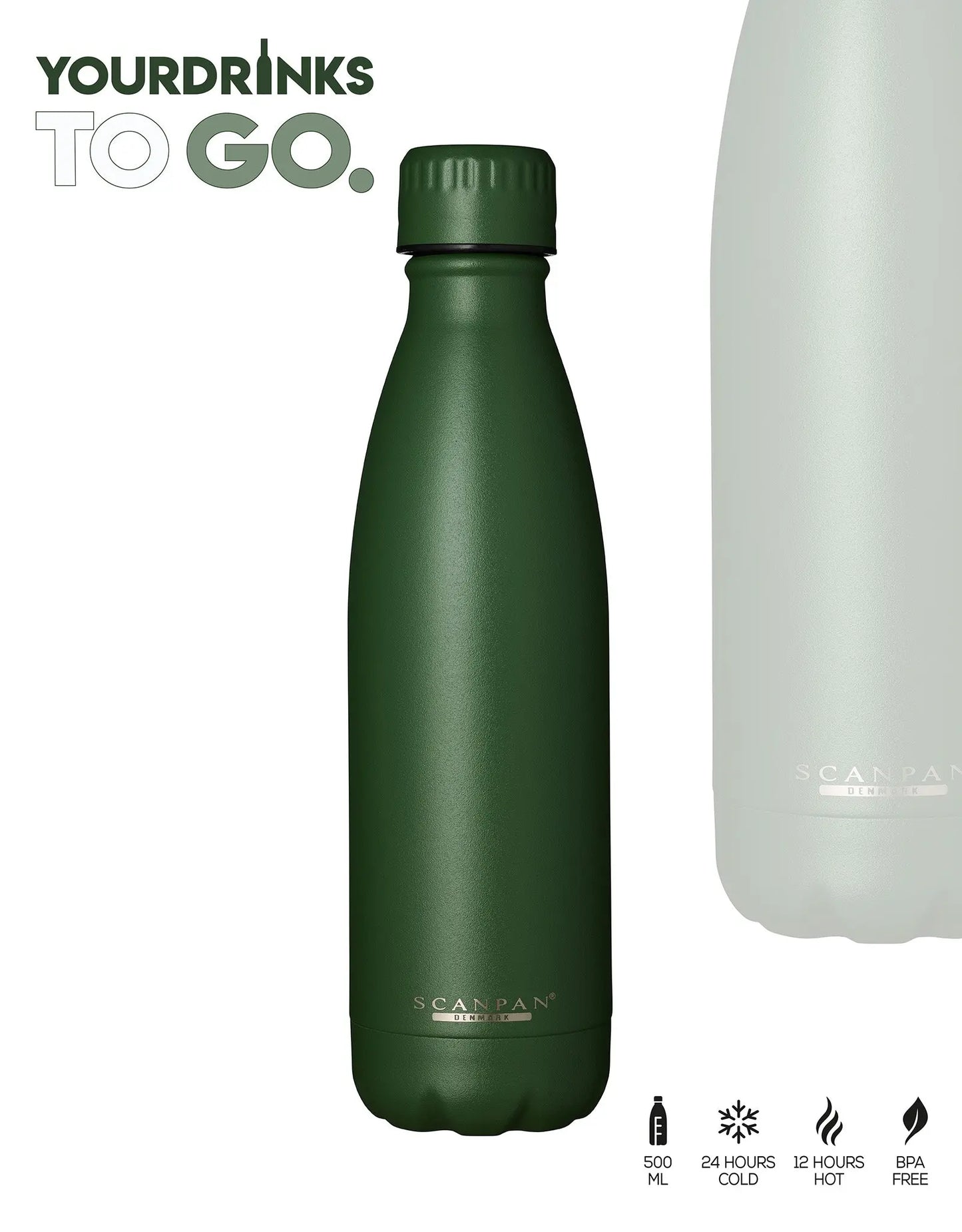 Groene thermosfles gepersonaliseerd staand op een witte achtergrond