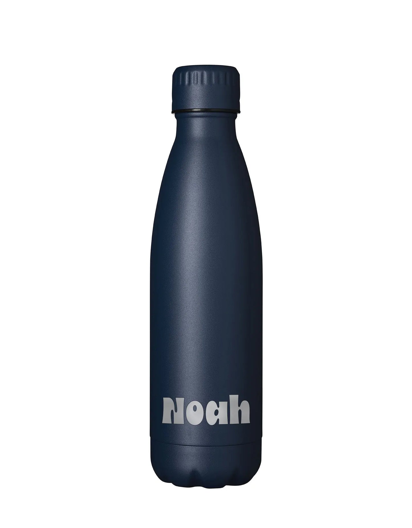 Donkerblauwe thermosfles gepersonaliseerd met Noah staand op een witte achtergrond