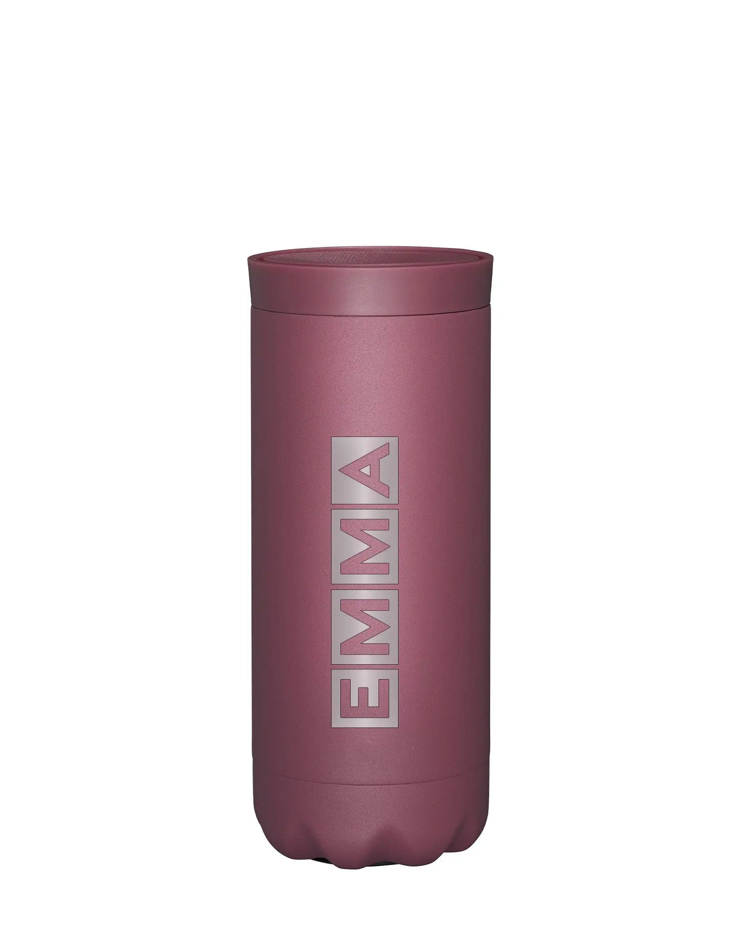 Paarse thermosfles met een paarse deksel gepersonaliseerd met Emma, staand op een witte achtergrond.