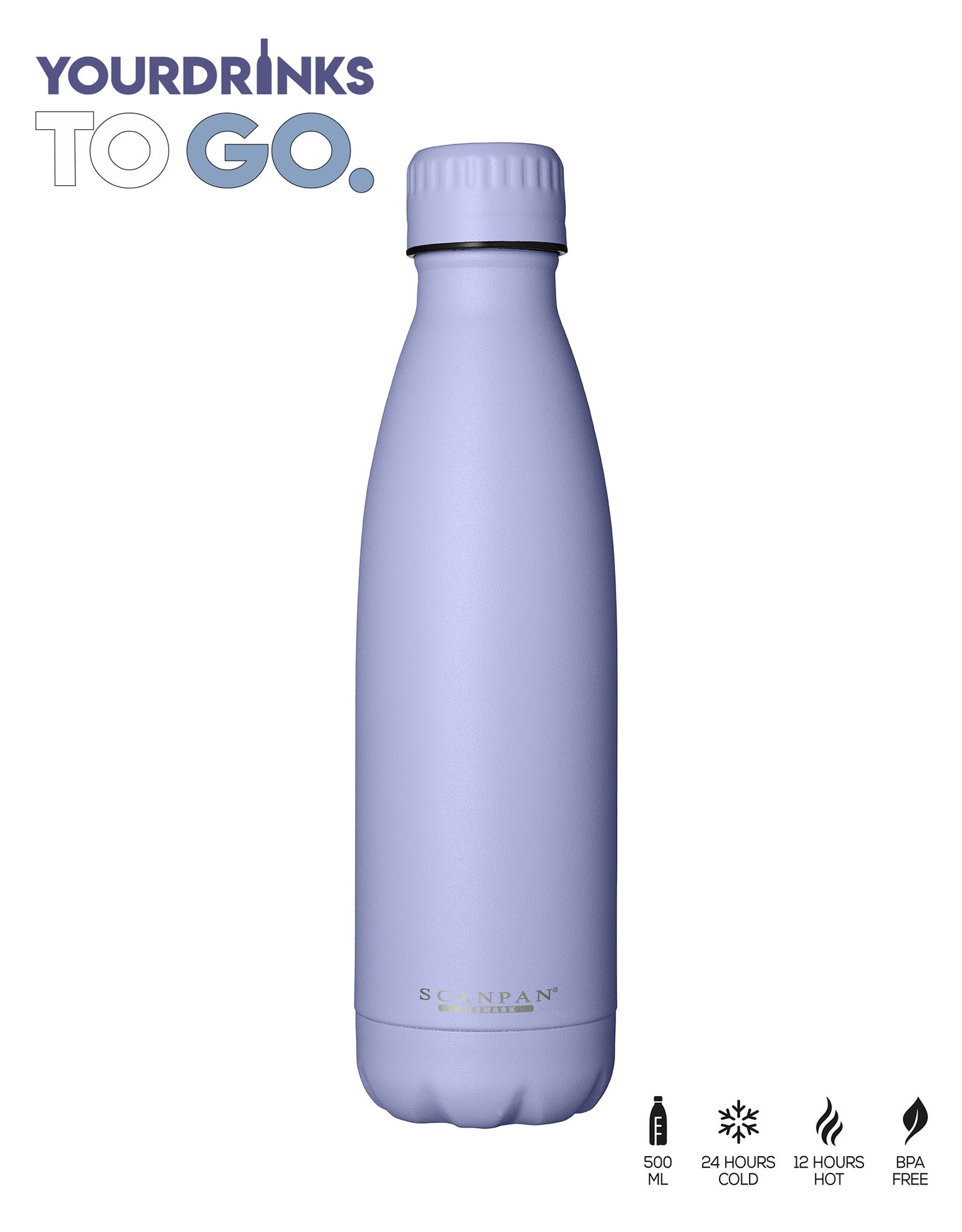 lavendel kleurig thermosfles met logo links boven en product pecs rechts onder