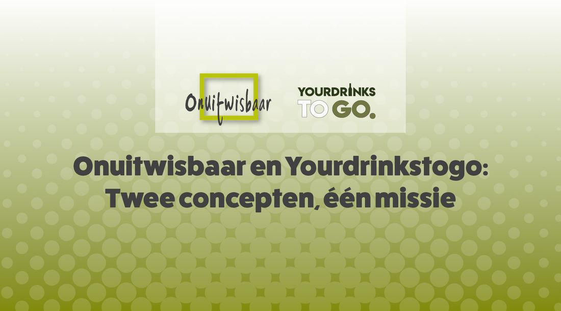 Groene bolletjes achtergrond met het logo van onuitwisbaar en yourdrinkstogo in het midden met tekst er onder