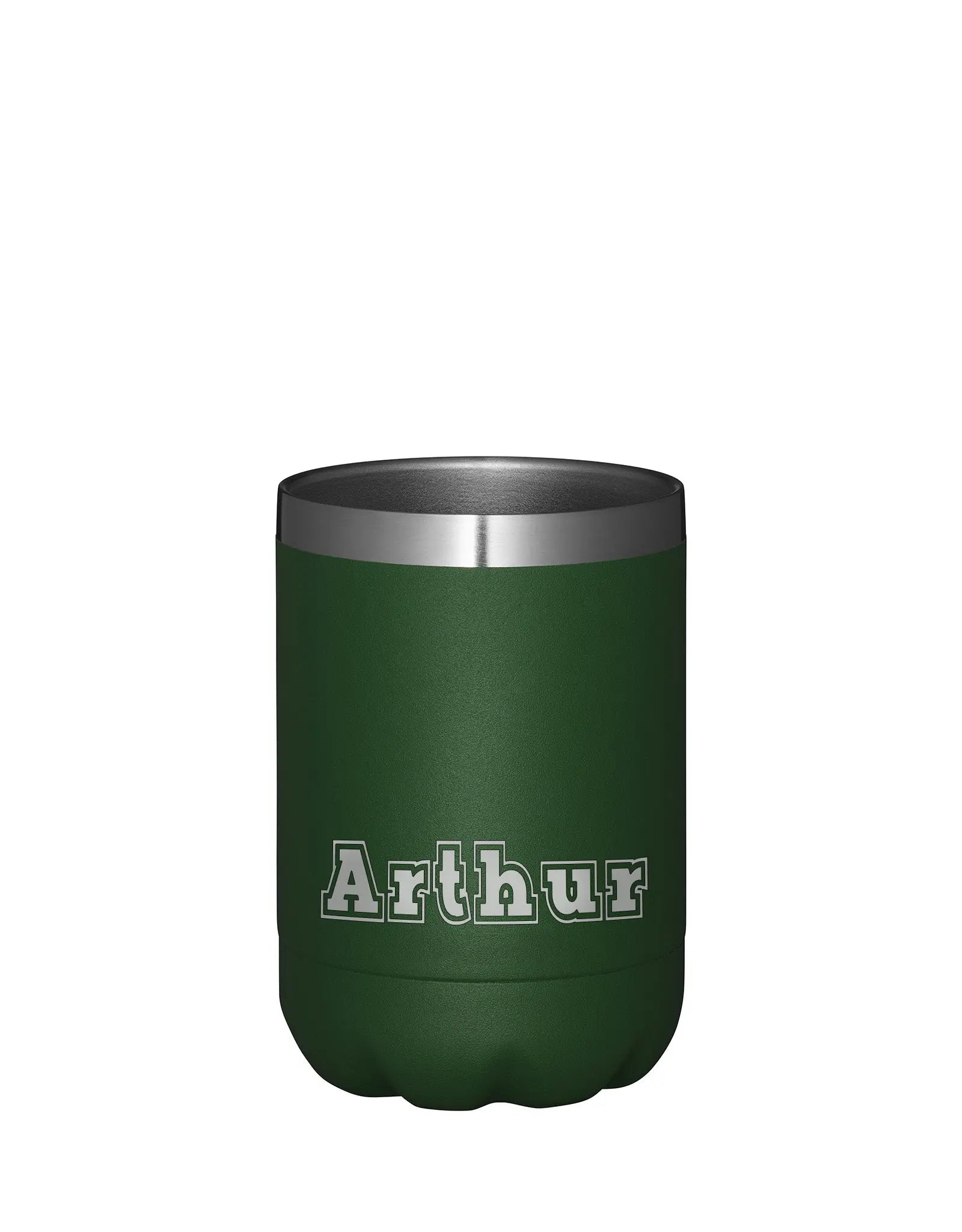 Groene thermoscup gepersonaliseerd met de tekst Arthur staand op een witte achtergrond