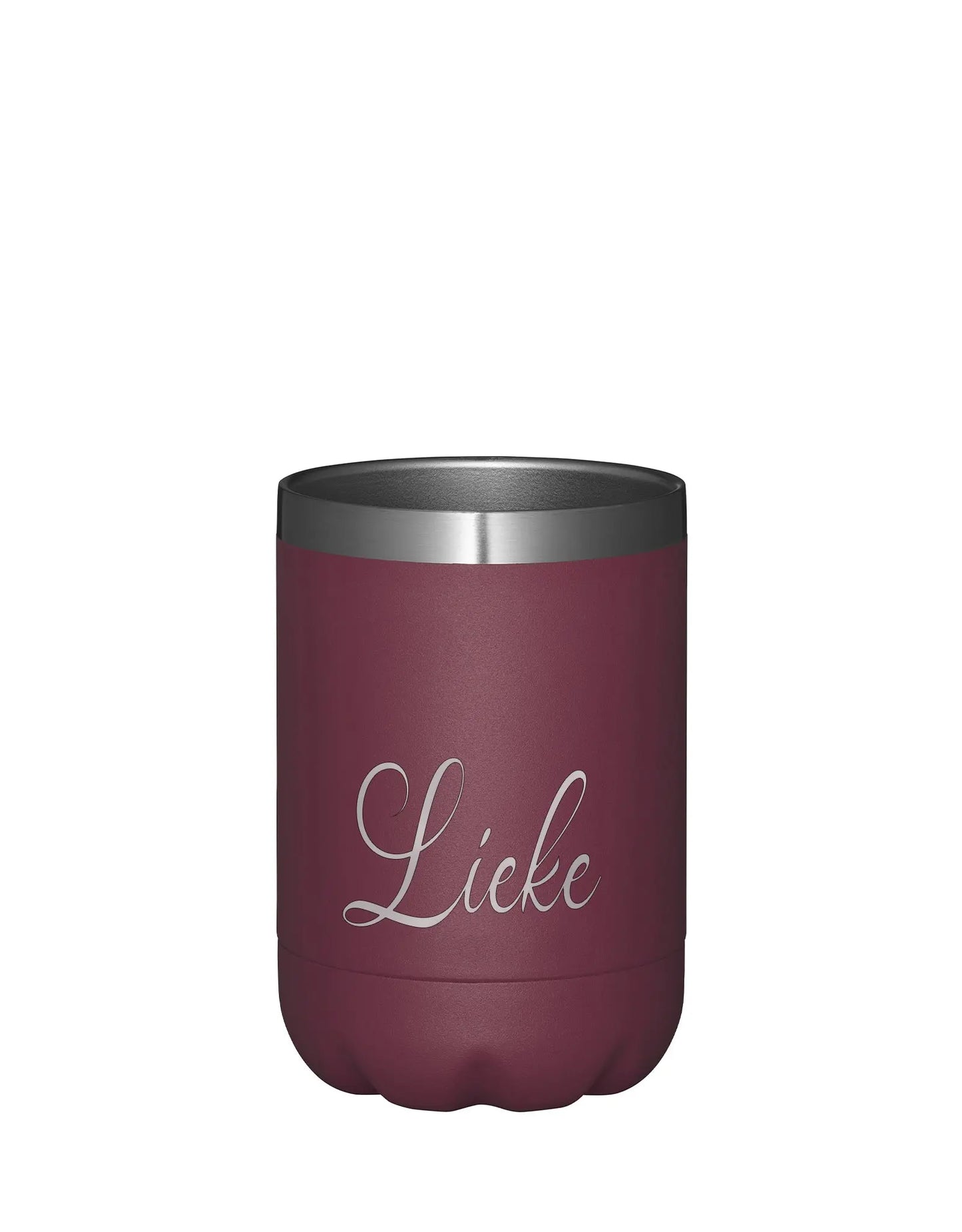 Paarse thermoscup gepersonaliseerd met de tekst Lieke staand op een witte achtergrond