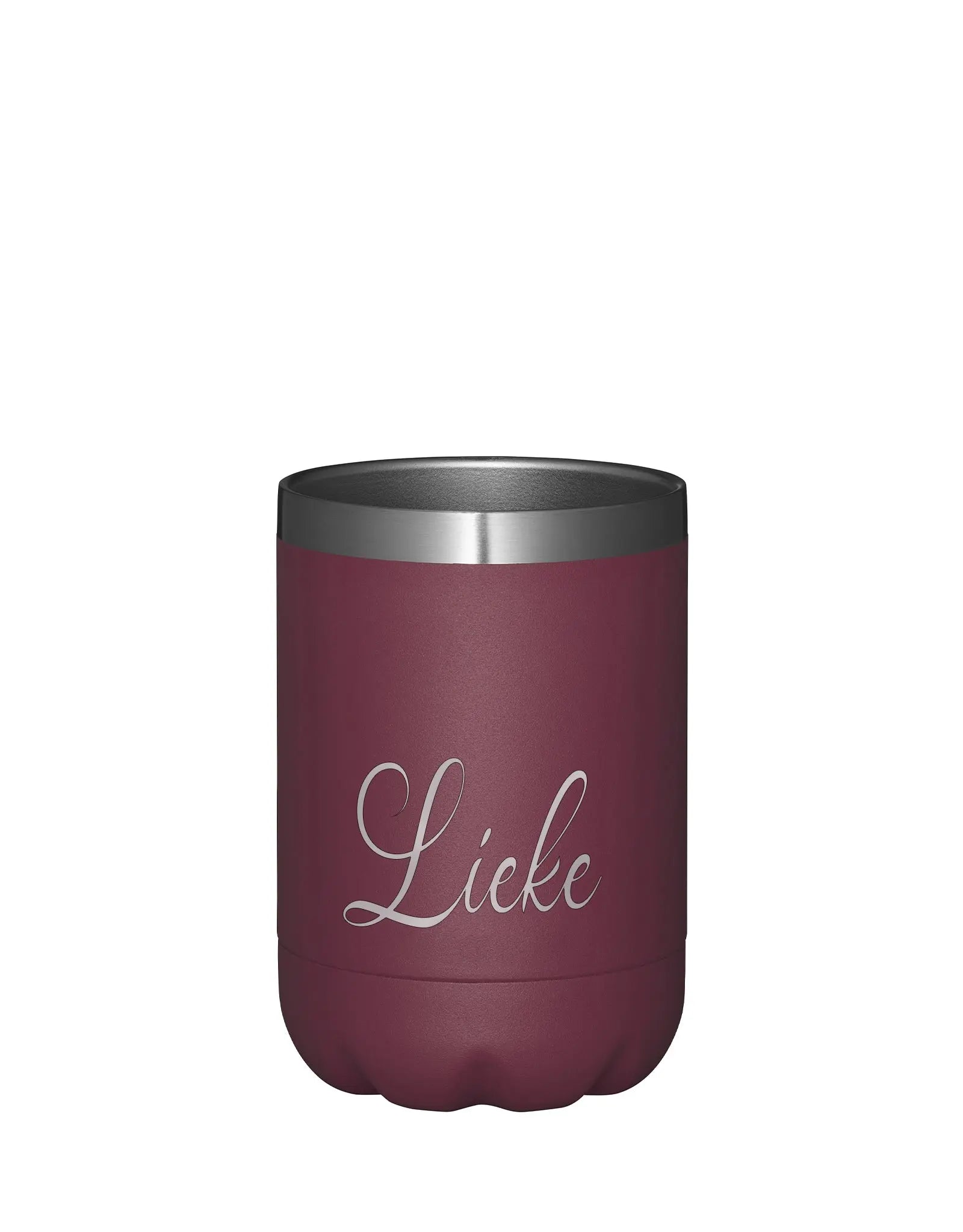 Paarse thermoscup gepersonaliseerd met de tekst Lieke staand op een witte achtergrond