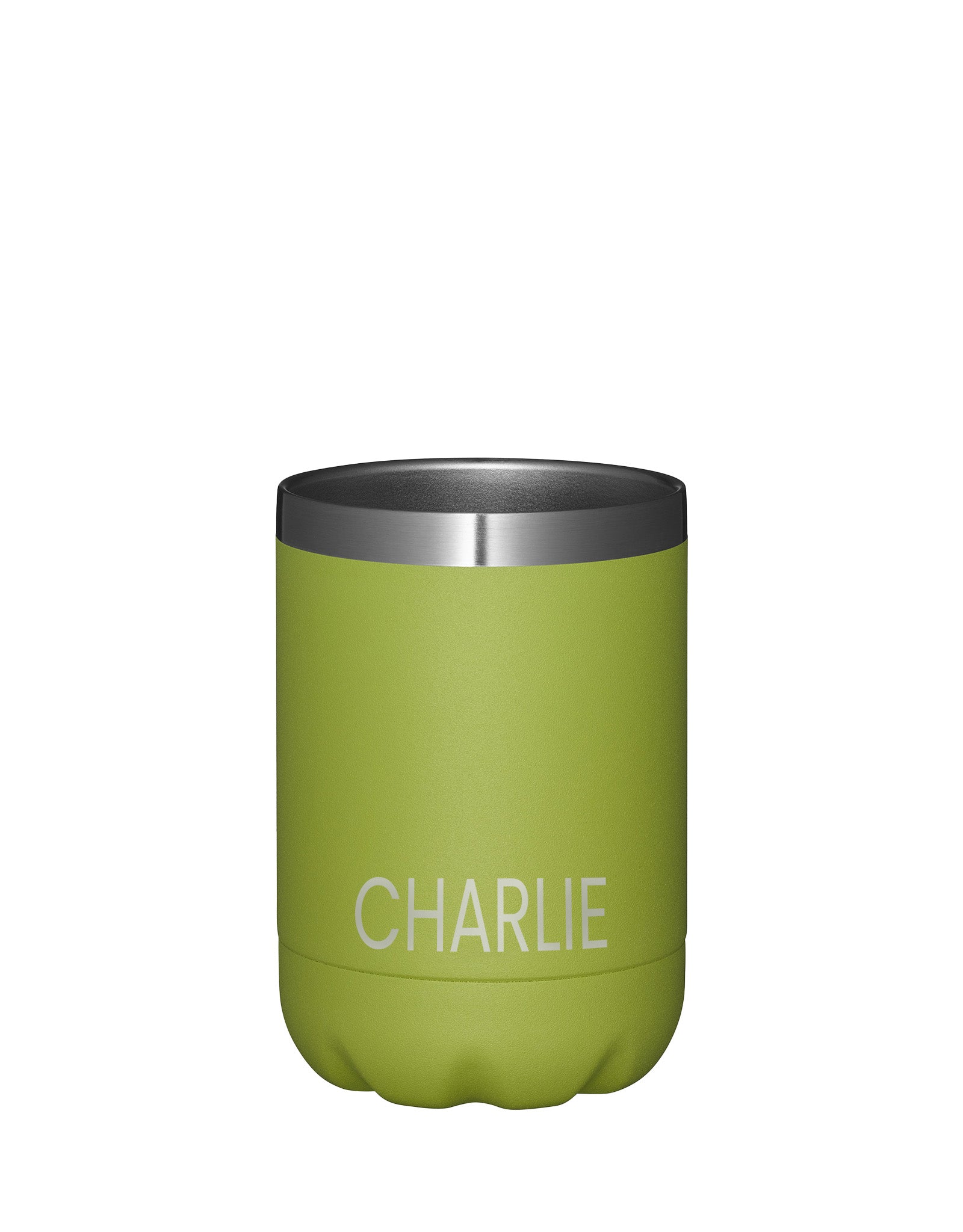 Limoen groene thermosbeker met Charlie er op gegraveerd op een witte achtergrond
