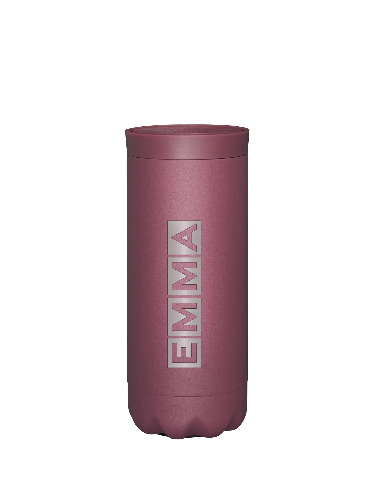 Paarse thermosfles met een paarse deksel gepersonaliseerd met Emma, staand op een witte achtergrond.