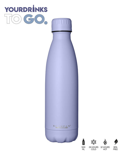 lavendel kleurig thermosfles met logo links boven en product pecs rechts onder